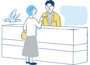 カウンターのスタッフに話しかけているイラスト