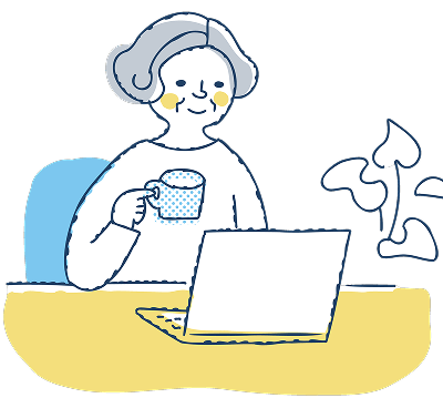 マグカップ片手にパソコンを見ている人のイラスト